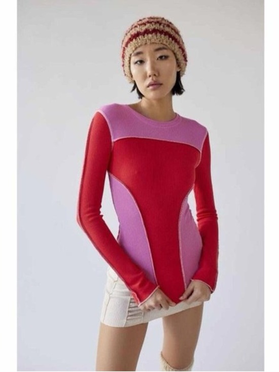Urban Outfitters Tops - Urban Outfitters Emme Thermal Seamed Blouse Top Knit Long Sleeve pink red Small